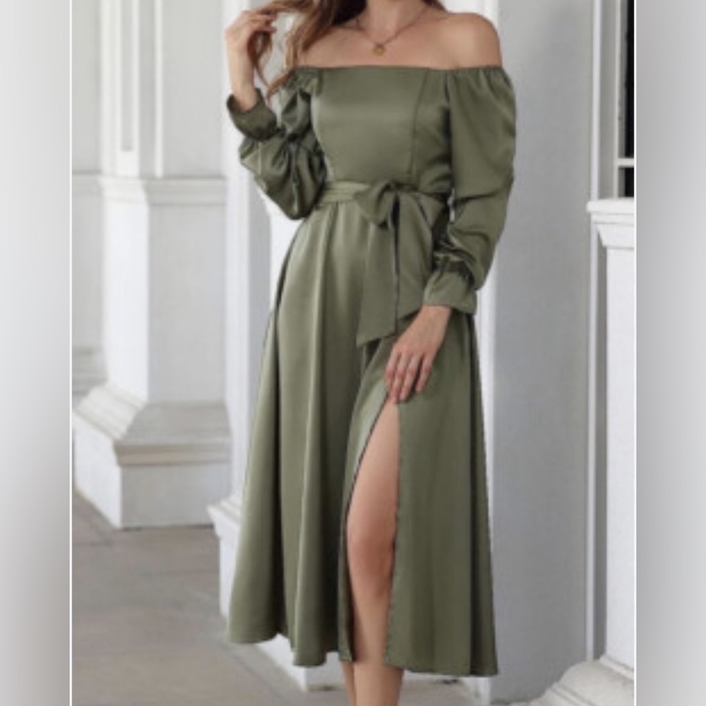 Elegant Olive Off-Shoulder Dress with belt medium